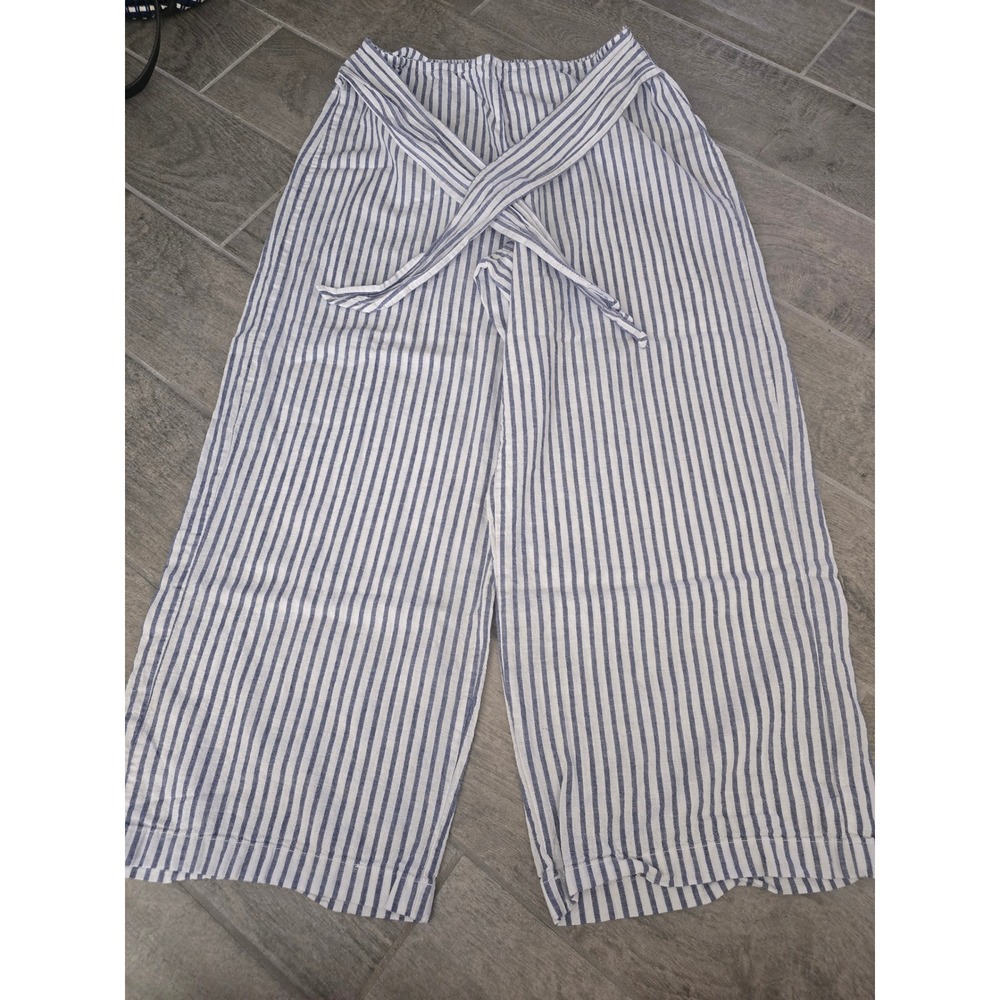 Women Beach Lunch Lounge Stripe Wide Leg Pants Linen Blend‎ White Blue Large